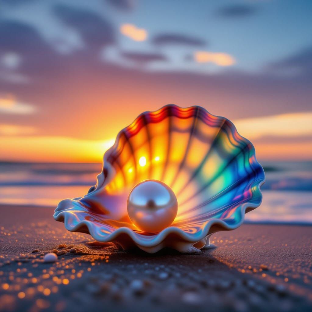 Colorful Glass Seashell with Pearl at Sunset