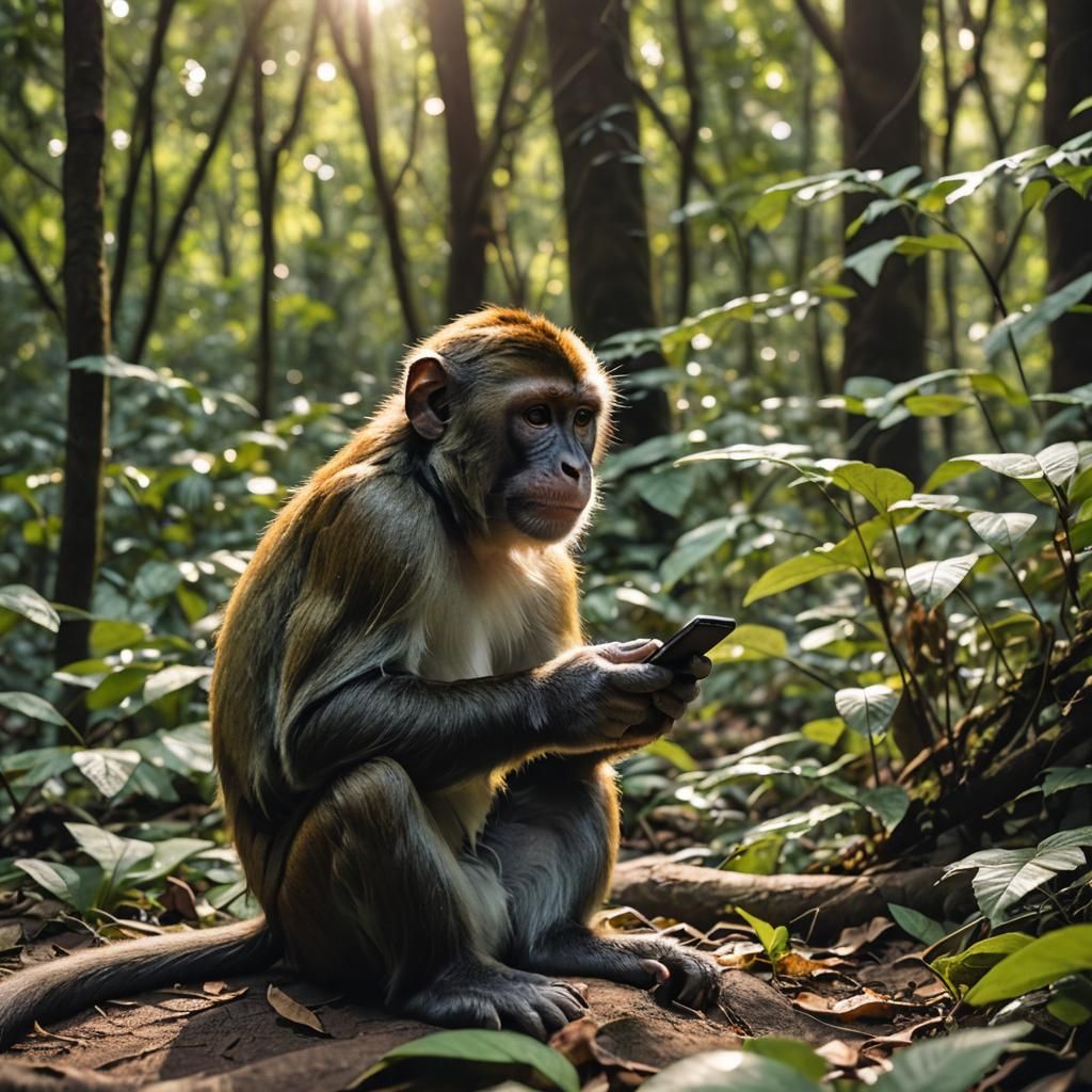 Monkey Captivating Smartphone in Serene Forest Scene