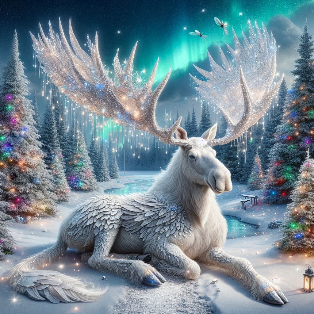 Mystical white moose lying down