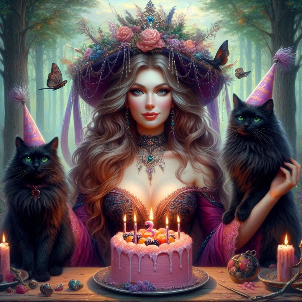 Magical Sorceres celebrating her birthday with her cats.