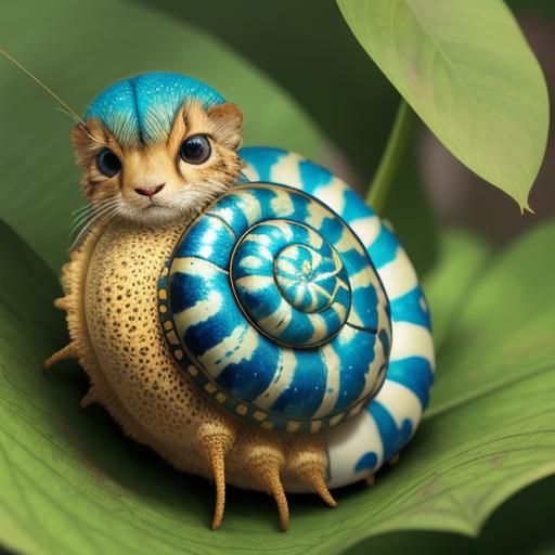 Snail Cheetah, Fluffy Cheetah Snail, high resolution, fine details, in focus, Colorful shell, Cute Cheetah Snail, fairy pet snail-cat