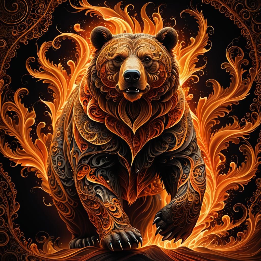 a dynamic image of the full body of a bear composed entirely of flowing, ethereal flames in shades of ...  by @Adamka