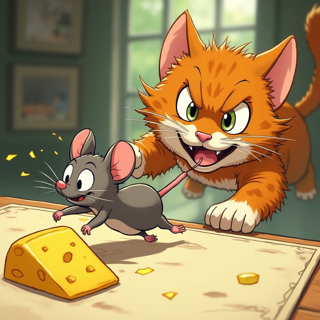 Mischievous Mouse Steals Cheese, Pursued by Angry Cat in Ani...