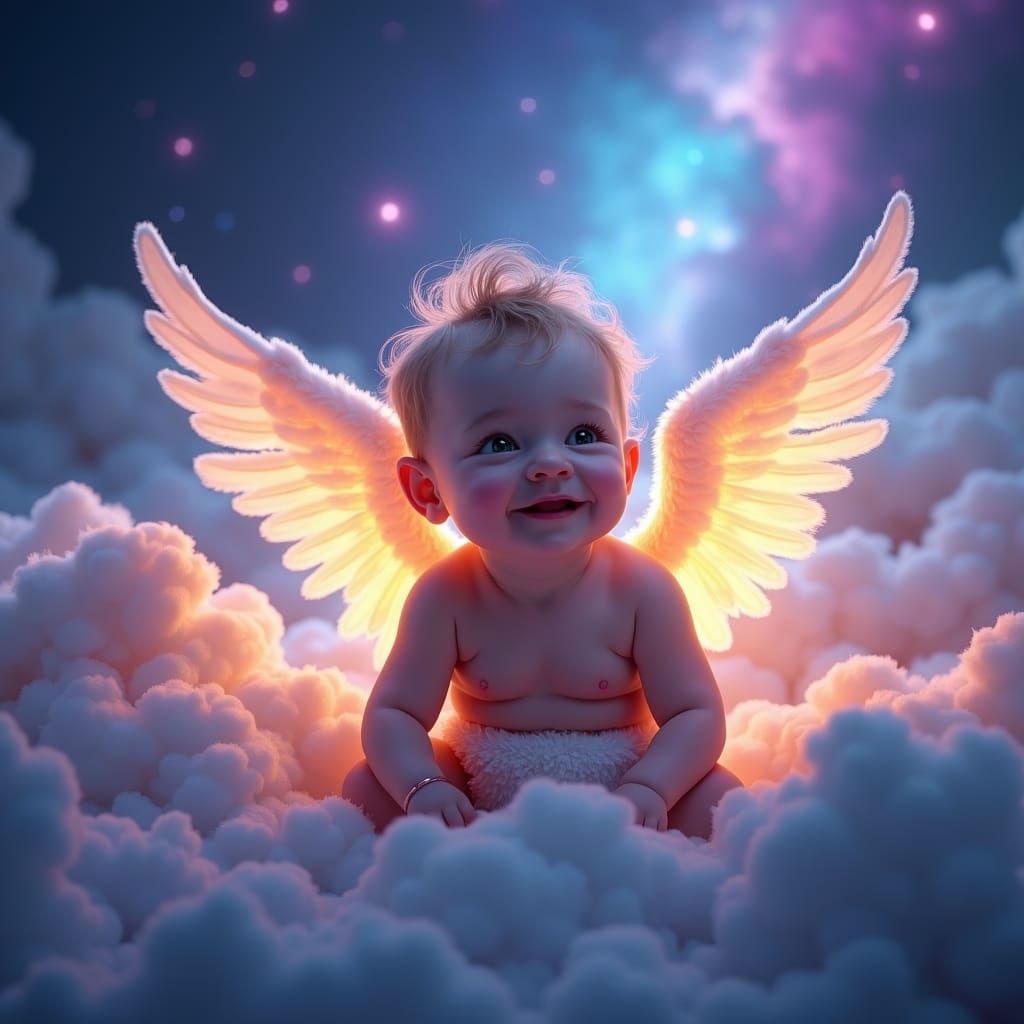 Smiling Baby Angel in Starry Sky, Detailed Digital Art