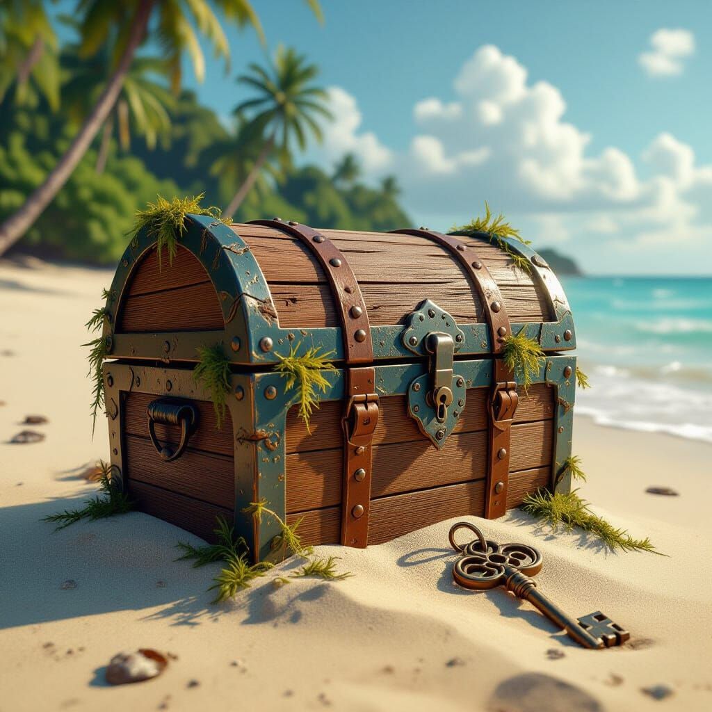 Ancient Treasure Chest on Tropical Island