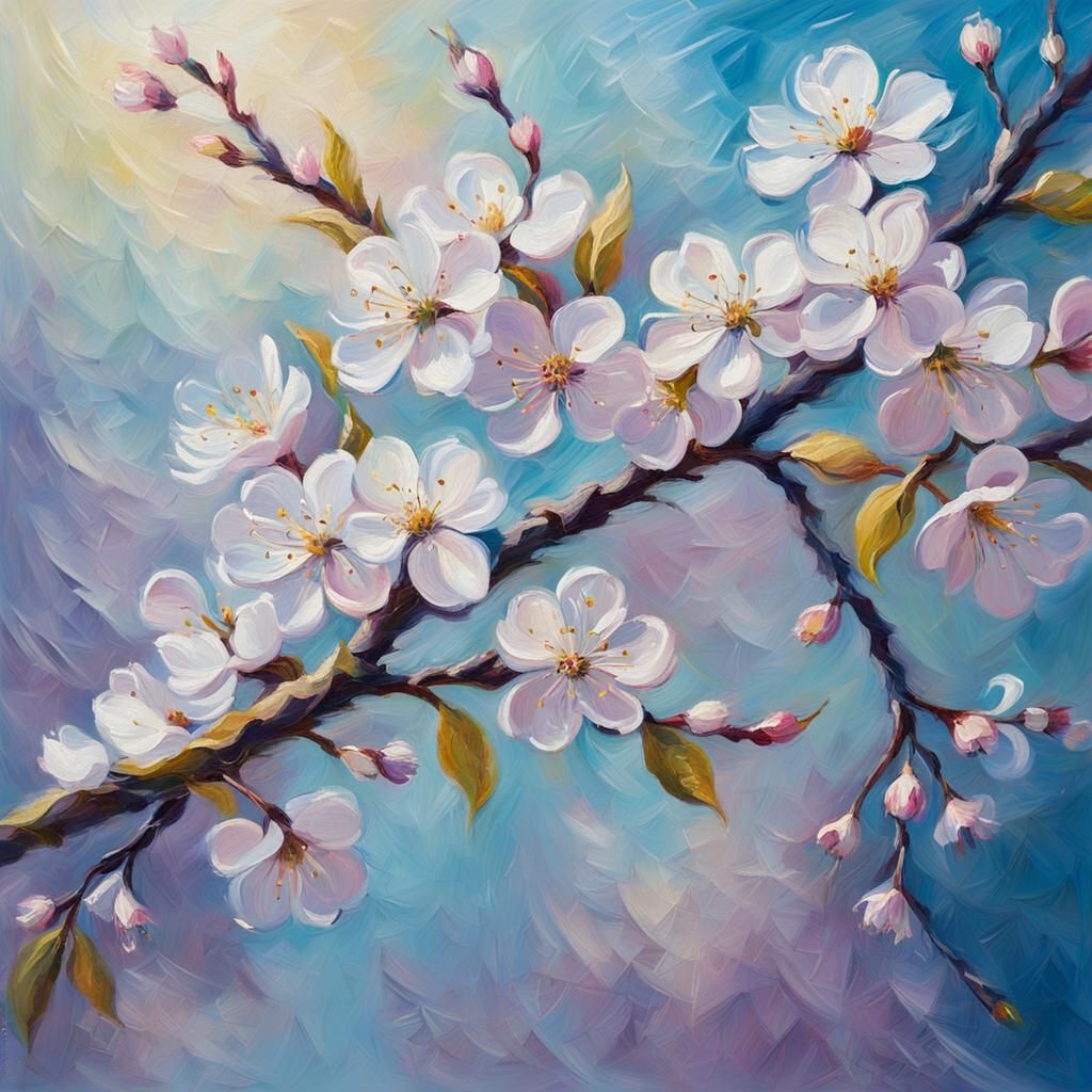 A close-up view of cherry blossoms with detailed petals and branches. Van Gogh cool colors impressionism ...  by @N4TH4L