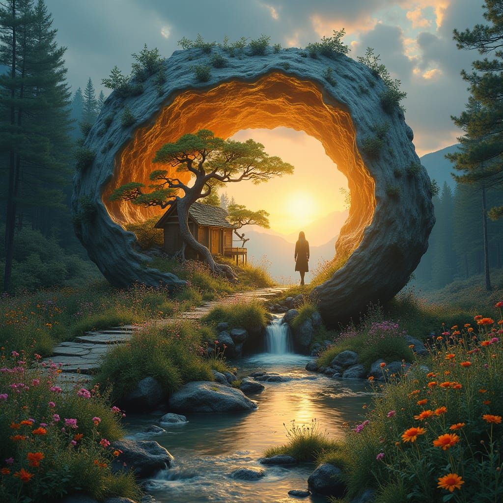 A surreal scene with a portal  by @axelb