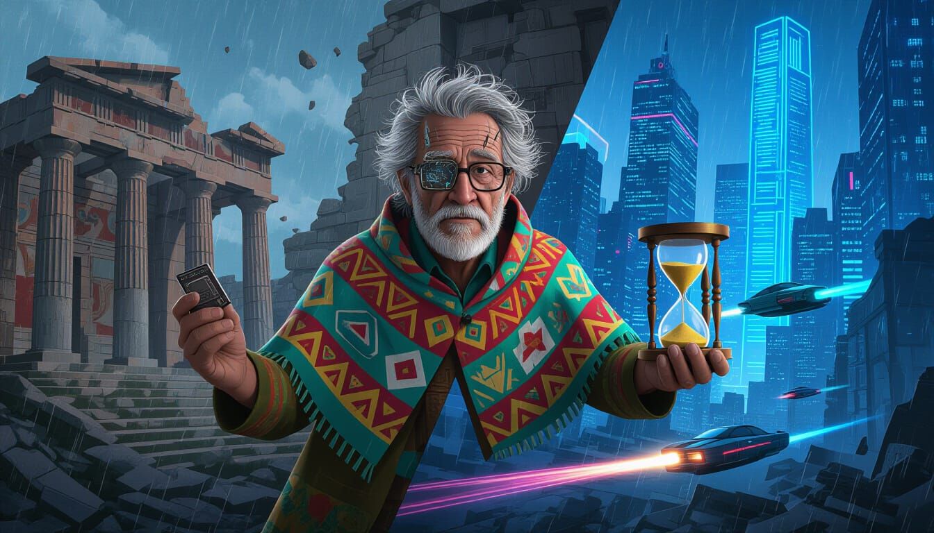 An old inventor with broken glasses and disheveled hair stands at the center. An adventurer in an Aztec ...  by @IoanM