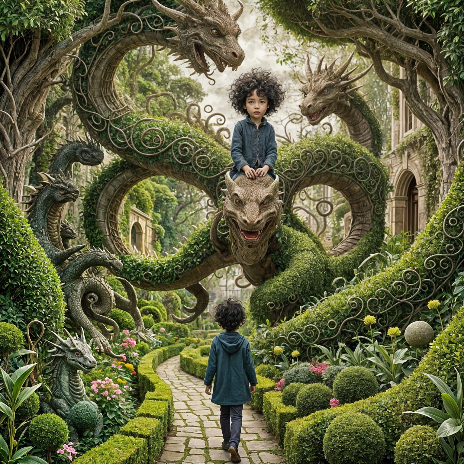 a young boy on a journey traveling through  a wild garden maze with a dragon tree guarding the portal to magical worlds