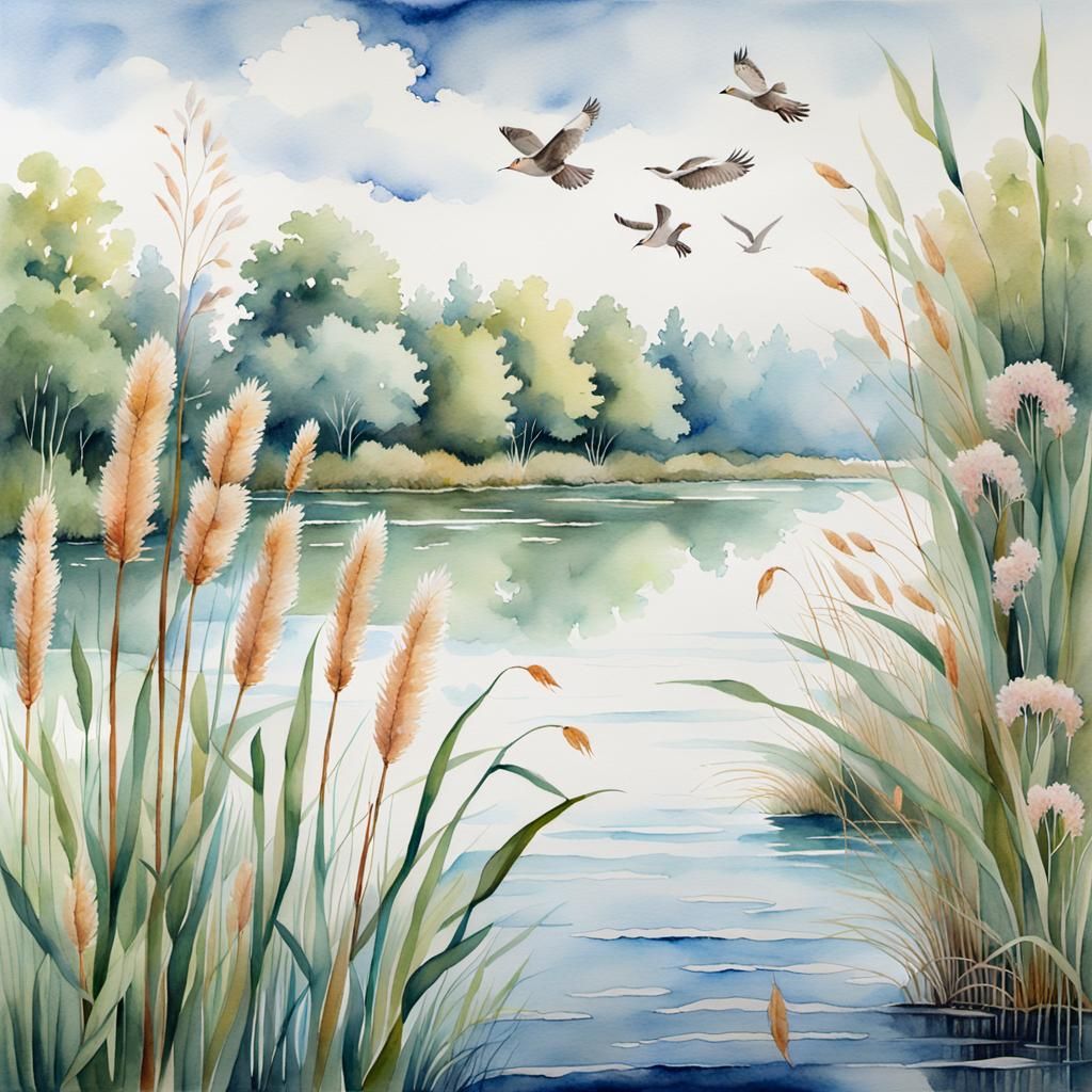 Watercolor Landscape with Cattail, Trees, and Blooming Flowe...