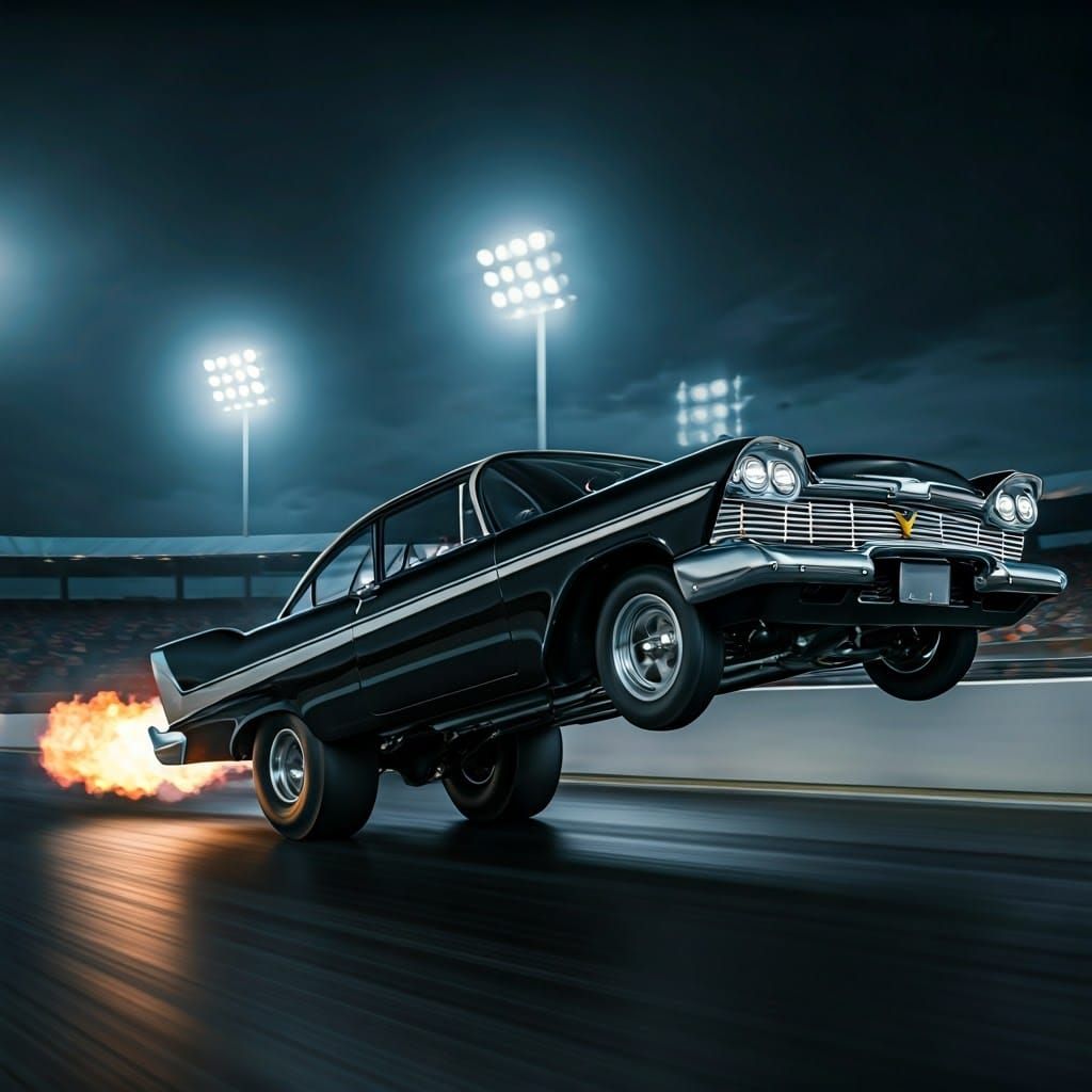 Gritty Black Dragster Takes a Daring Wheelie at Ni... - AI Art
