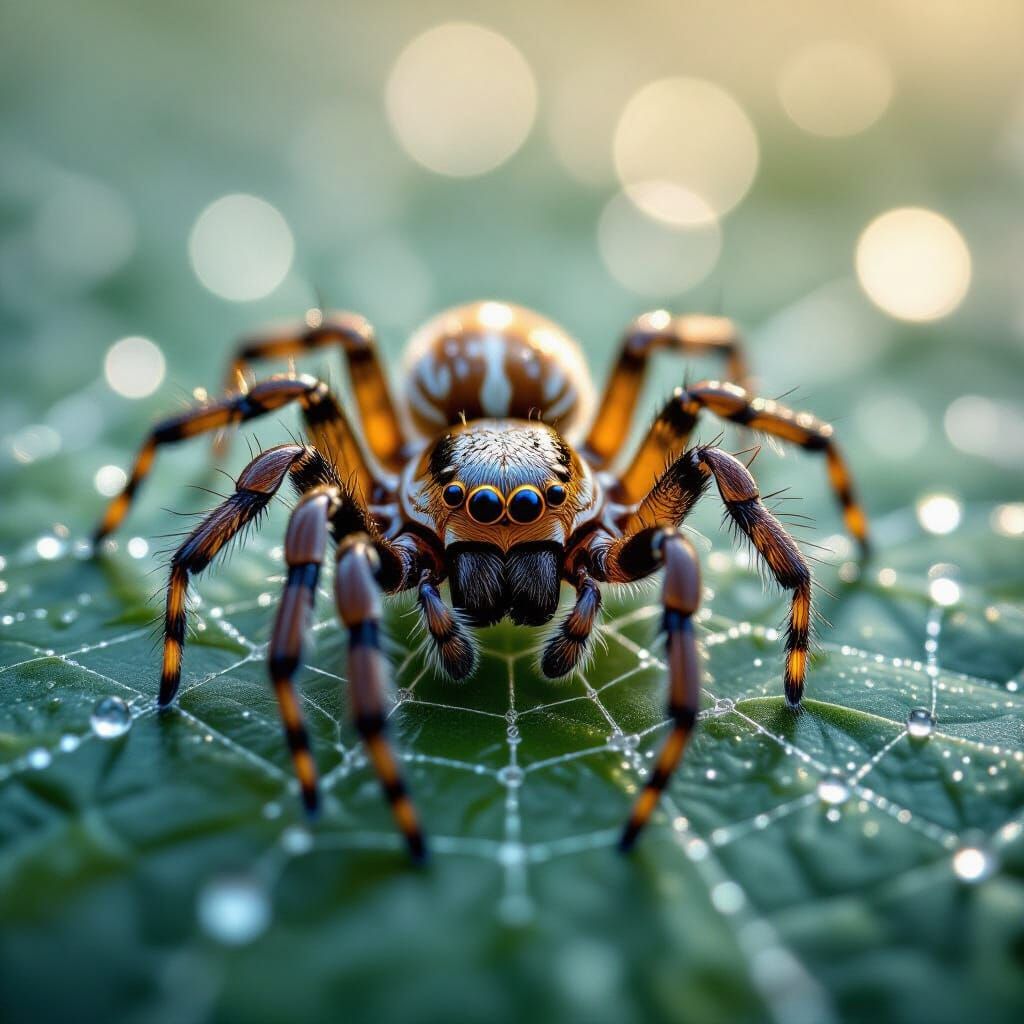 macro shot of a spider on its web with water droplets  by @Zacharo
