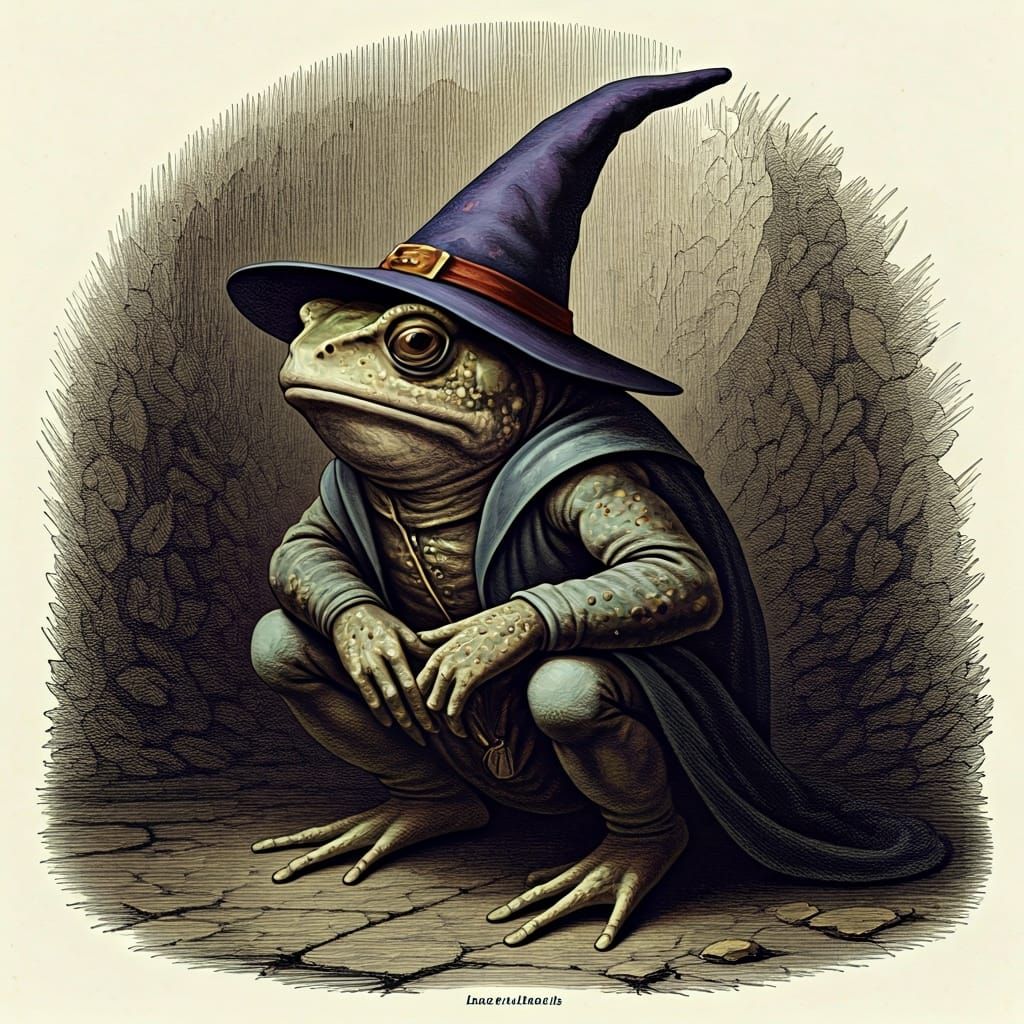 A toad wizard crouches in repose, while considering his next spell. In the style of William Blake. 