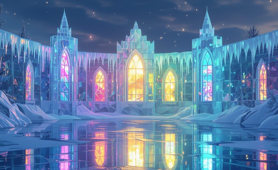 an dream like image of iridescent prismatic colors reflecting in a beautiful frozen lake. The lake is surrounded by a wall that extends from...