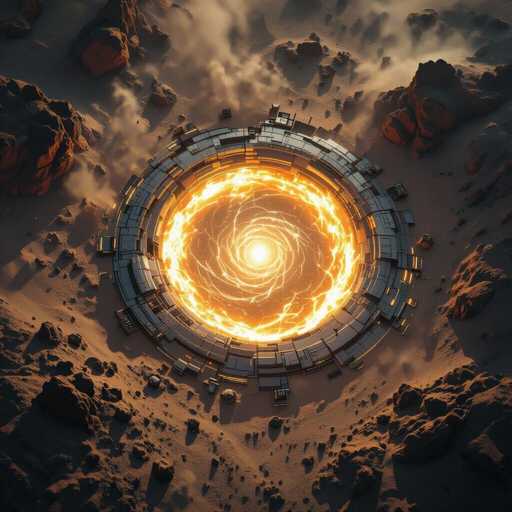 a science fiction-style battle map with a top-down view of a portal facing the viewer in a rocky desert