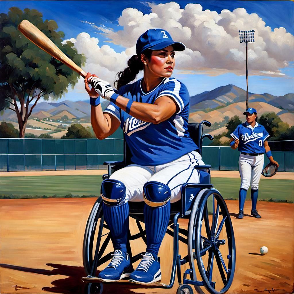 Oil painting of Latina girl wearing blue outfit playing wheelchair baseball  by @Fokje
