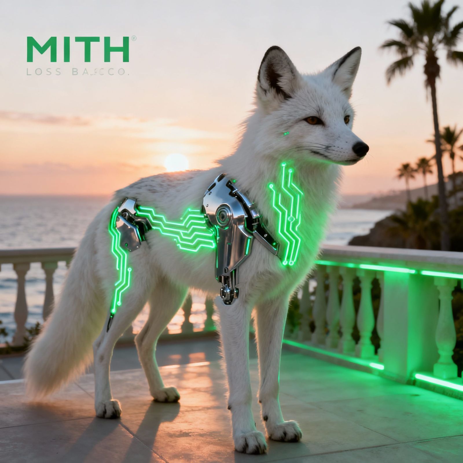 Cybernetic Fox Overlooking Ocean Sunset