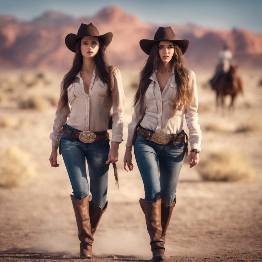 cowgirls on a desert quest. bad girls. photo realistic. boke...