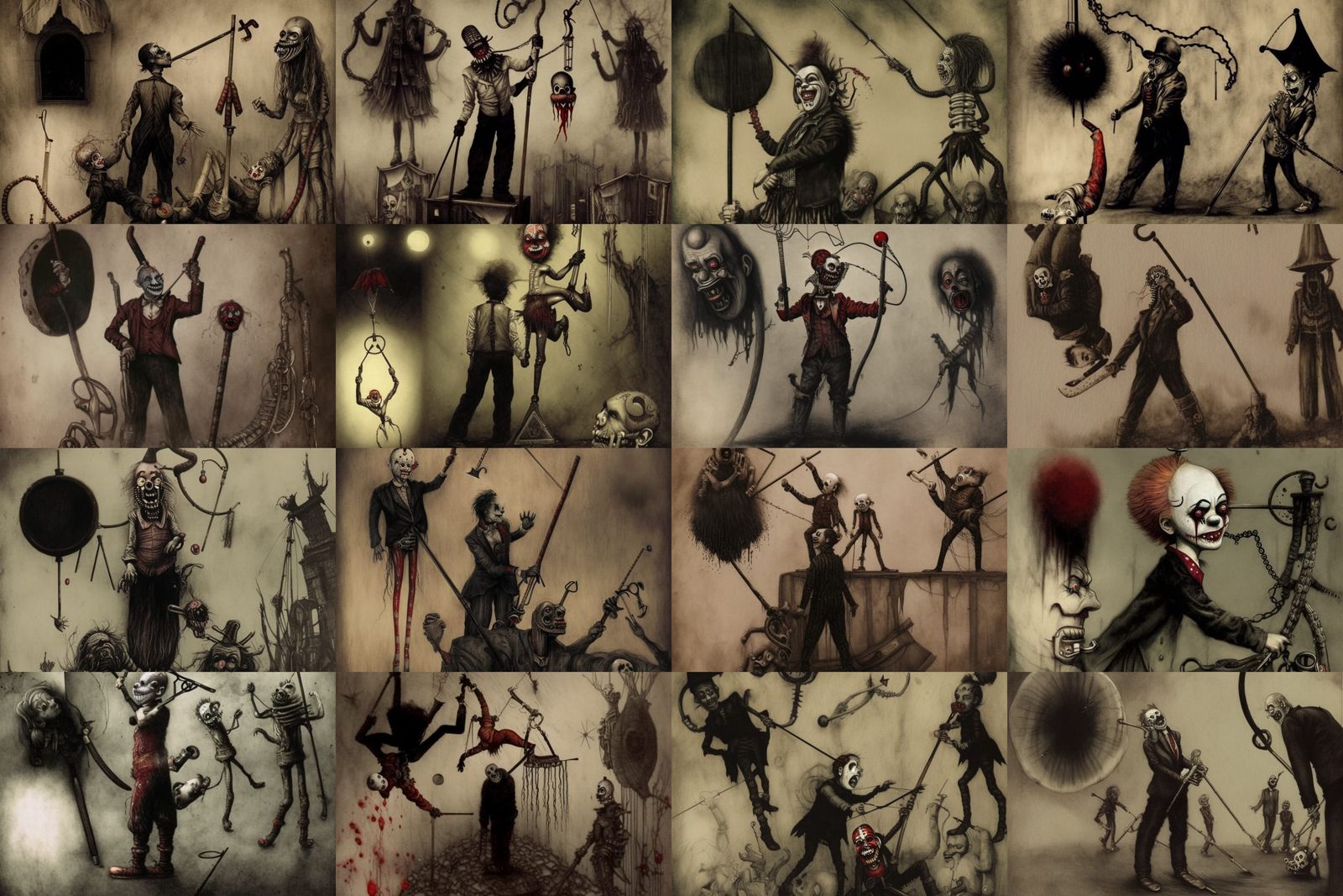 Circus killer clowns, armed with wooden clubs and nails, circus killer