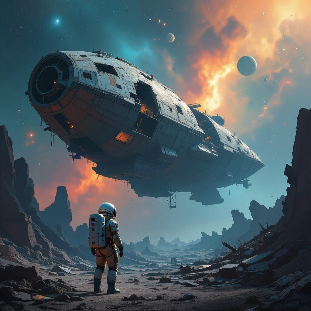 A vast, derelict spaceship graveyard drifts in a nebula, with derelict hulls forming makeshift floating islands. A single, retrofitted space...