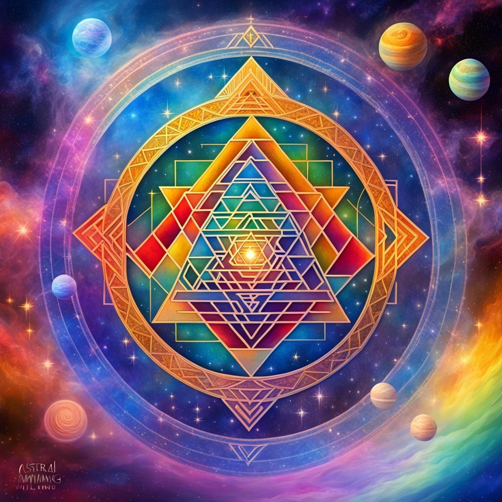 Sri Yantra in rainbow colors floating out in space among planets and ...