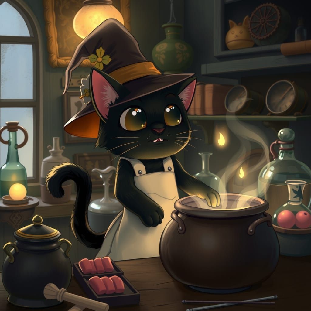 Whimsical Black Cat Witch Mixing Magical Potions in a Cozy A...