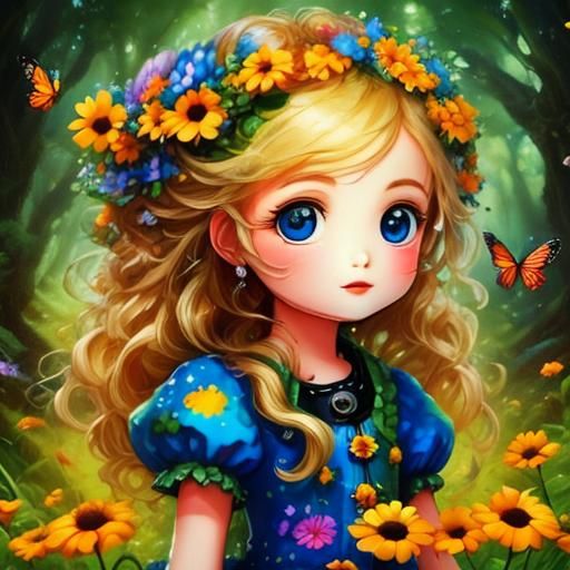 a scene of a little girl with big gooey eyes in a forest gla...