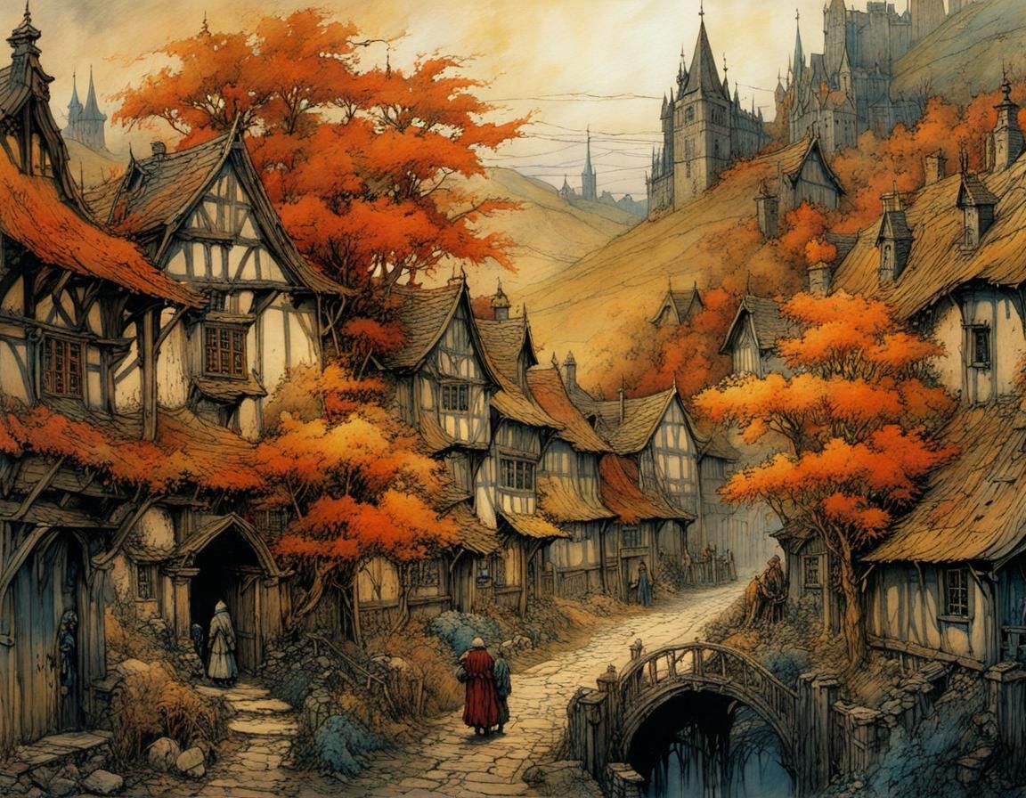medieval town, by Arthur Rackham, Carne Griffiths and Caspar David Friedrich, highly detailed, deep color, ...  by @Tina auf der Blumenwiese
