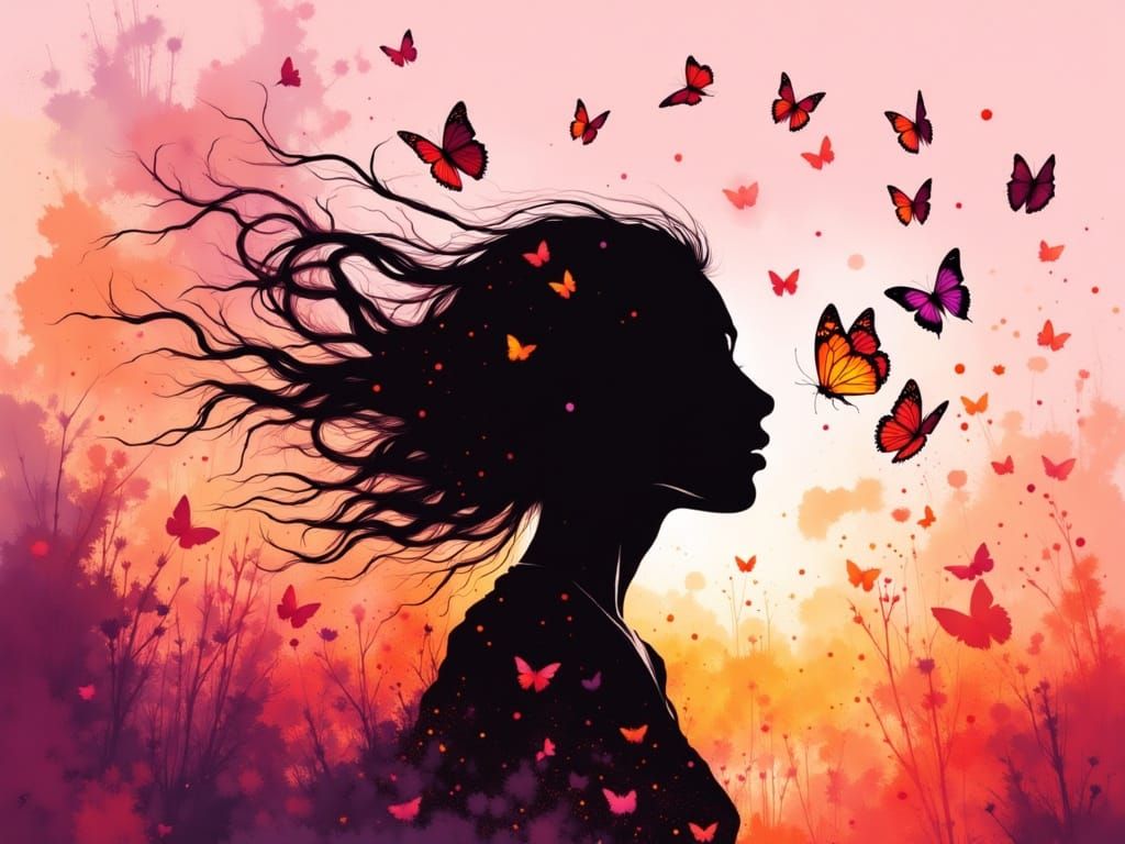 Full shot. A black silhouette of a person drifts next to butterflies during a pastel sunset. Light pastel orange details, glitter, splashes ...