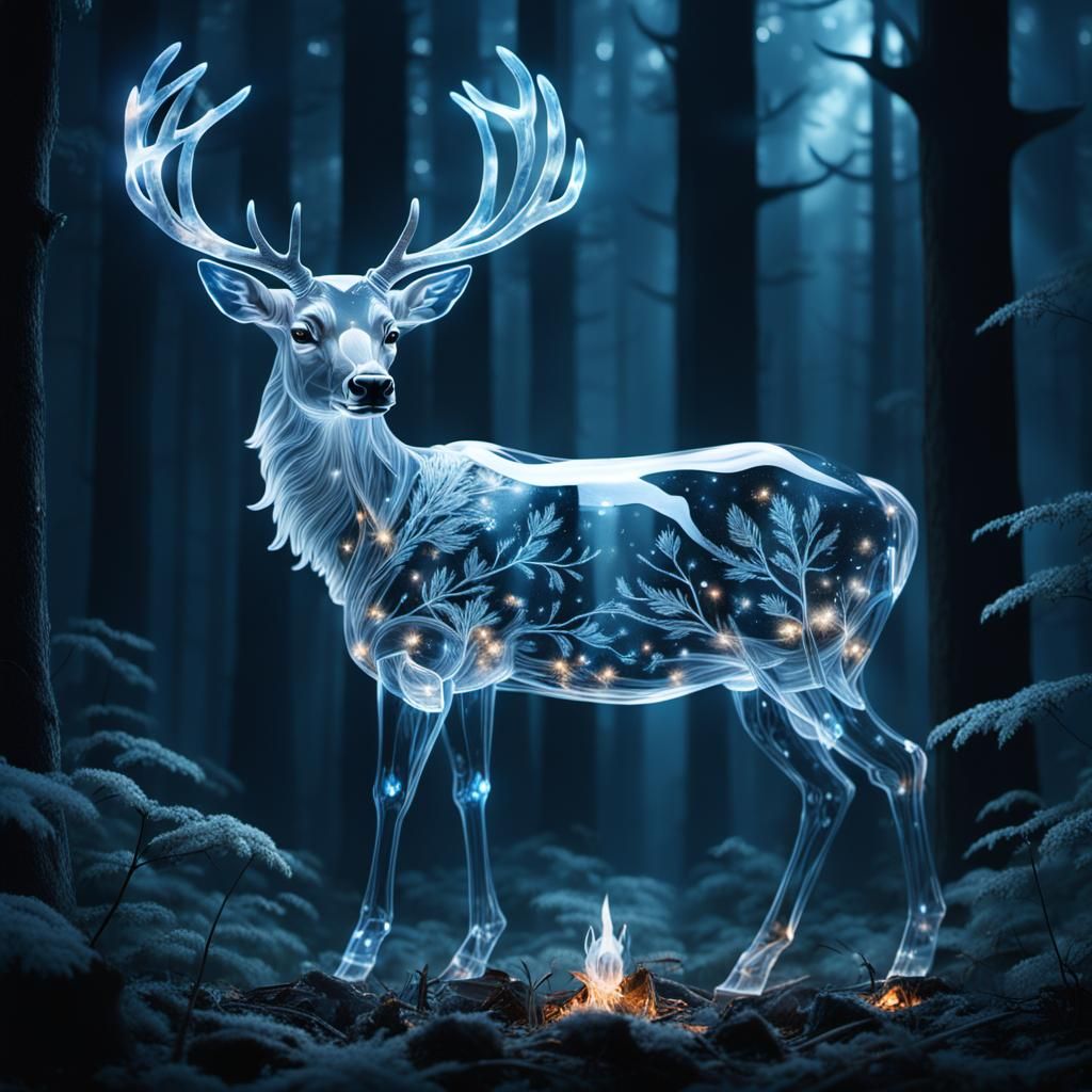 A crystal deer in a nightly forest  by @axelb