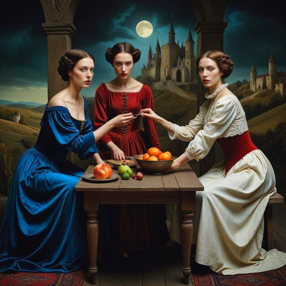 Medieval Ladies in Surrealistic Scene, High-Contrast Portrai...