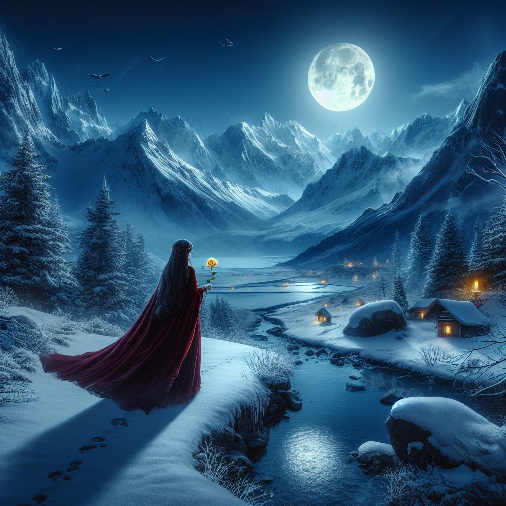 a elven woman walking through a moonlit valley with mountain...