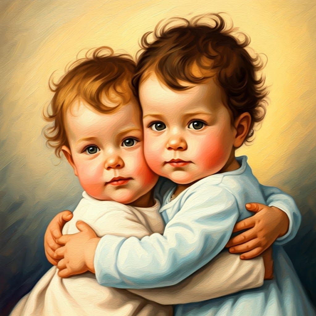 Two Infants Share a Tender Moment in Soft Pastel Hues