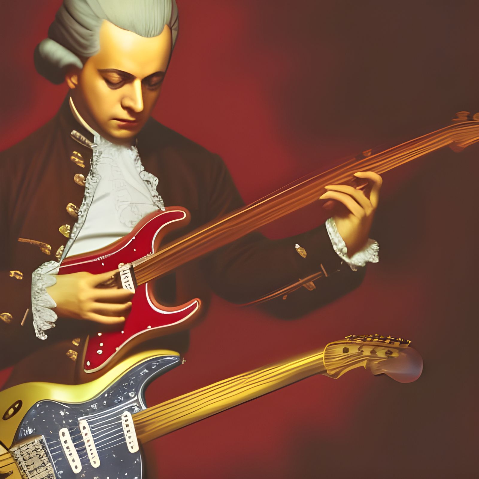 Wolfgang Amadeus Mozart playing electric guitar, heavy metal, Fender