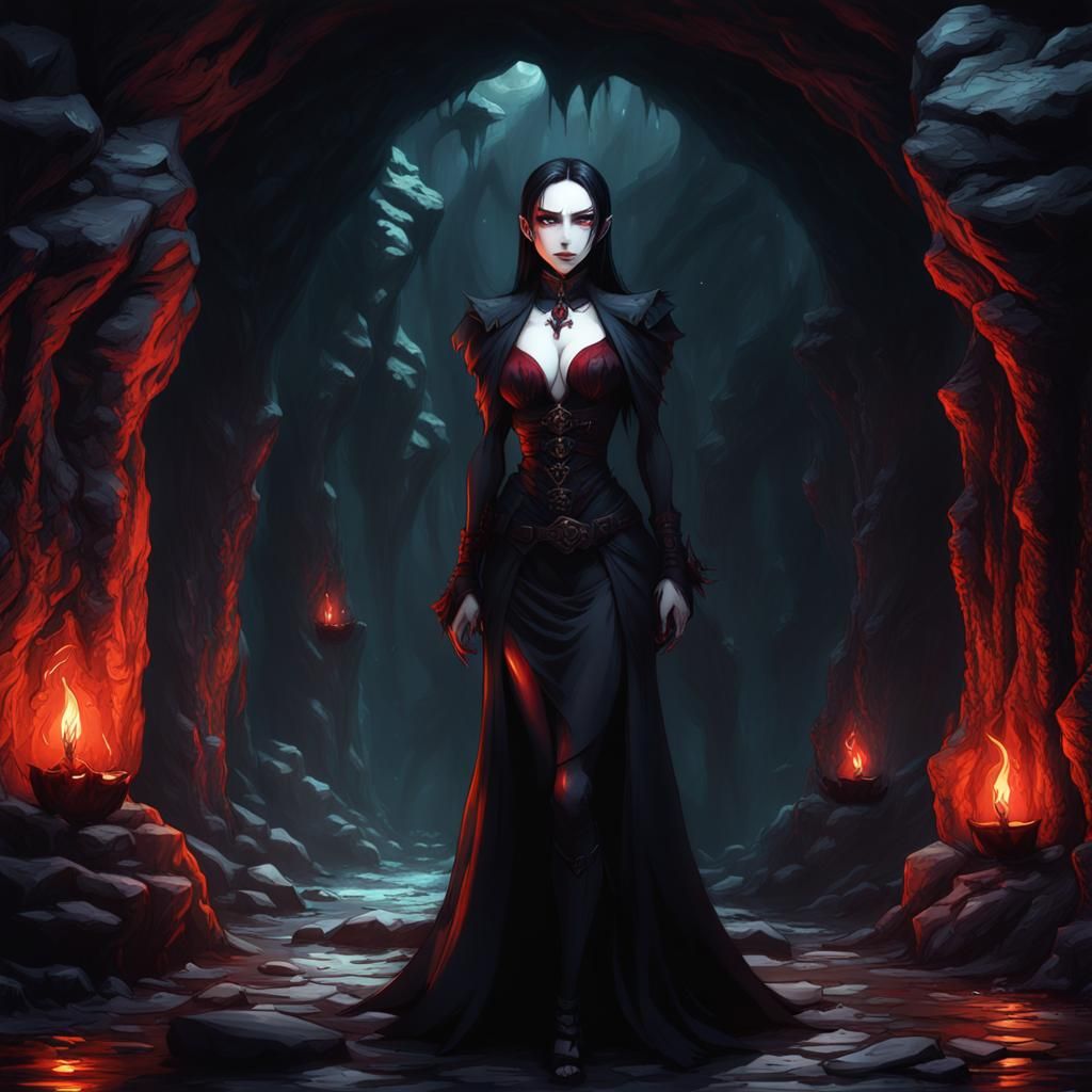 Vampire girl in a cave poorly lit enough to show her outrageous body ...