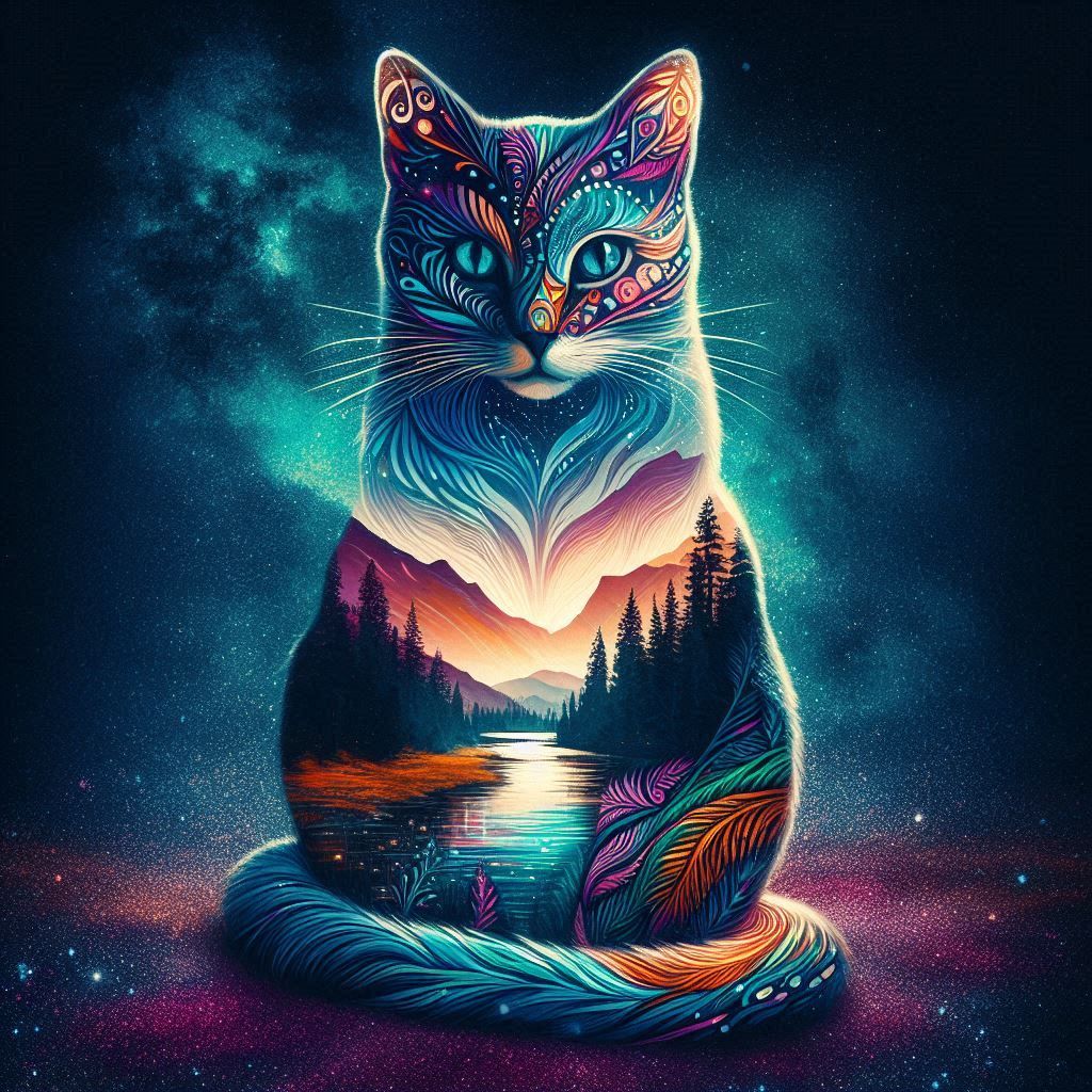 double exposure cat, landscape, tribal.