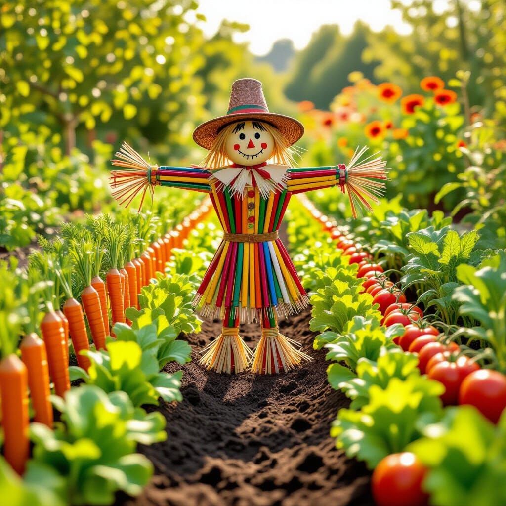 Whimsical Pencil Scarecrow in Vibrant Vegetable Garden
