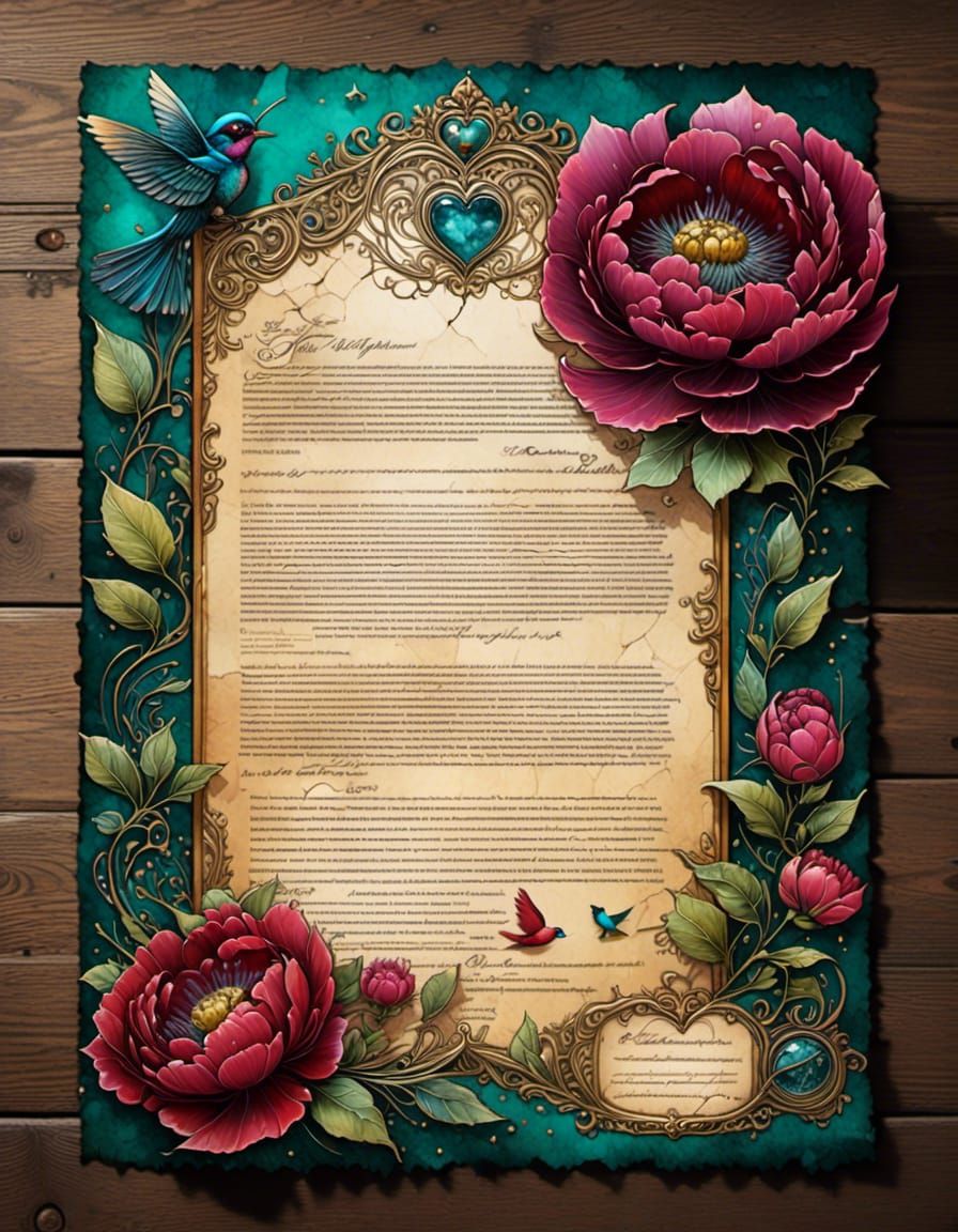 <lora:AOCP:1.0>Mail art ,    2d, flat, centered,  vintage acrylic love letter with text  on a cracked paper placed on a wooden table . .  tr...