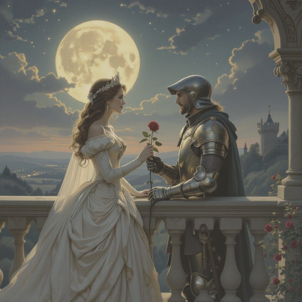 Create an enchanting and detailed artwork depicting a romantic scene between a princess and a knight. The knight, wearing a cap and with his...