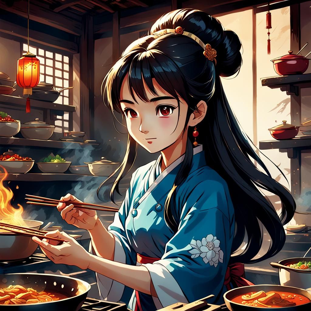 (ancient china) a (beautiful princess) cooking
 Masterpiece, Best Quality, flat, Manga Scan, Anime, cinematic lighting, ...