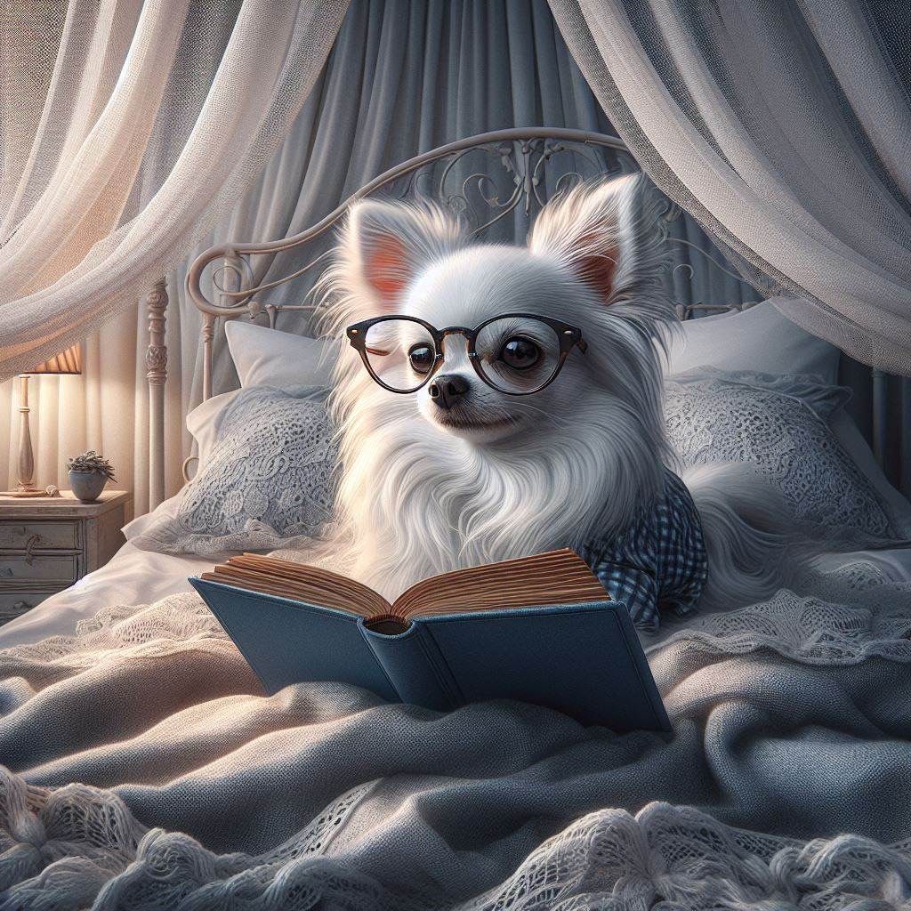 Nicky wearing glasses, reading a book in bed