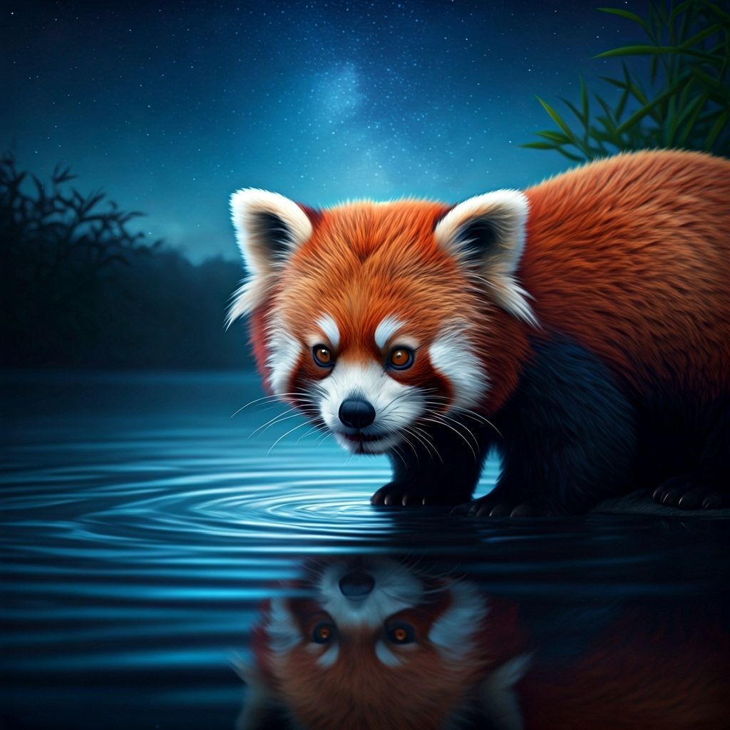 Red Panda Drinks From Starry Night Lake