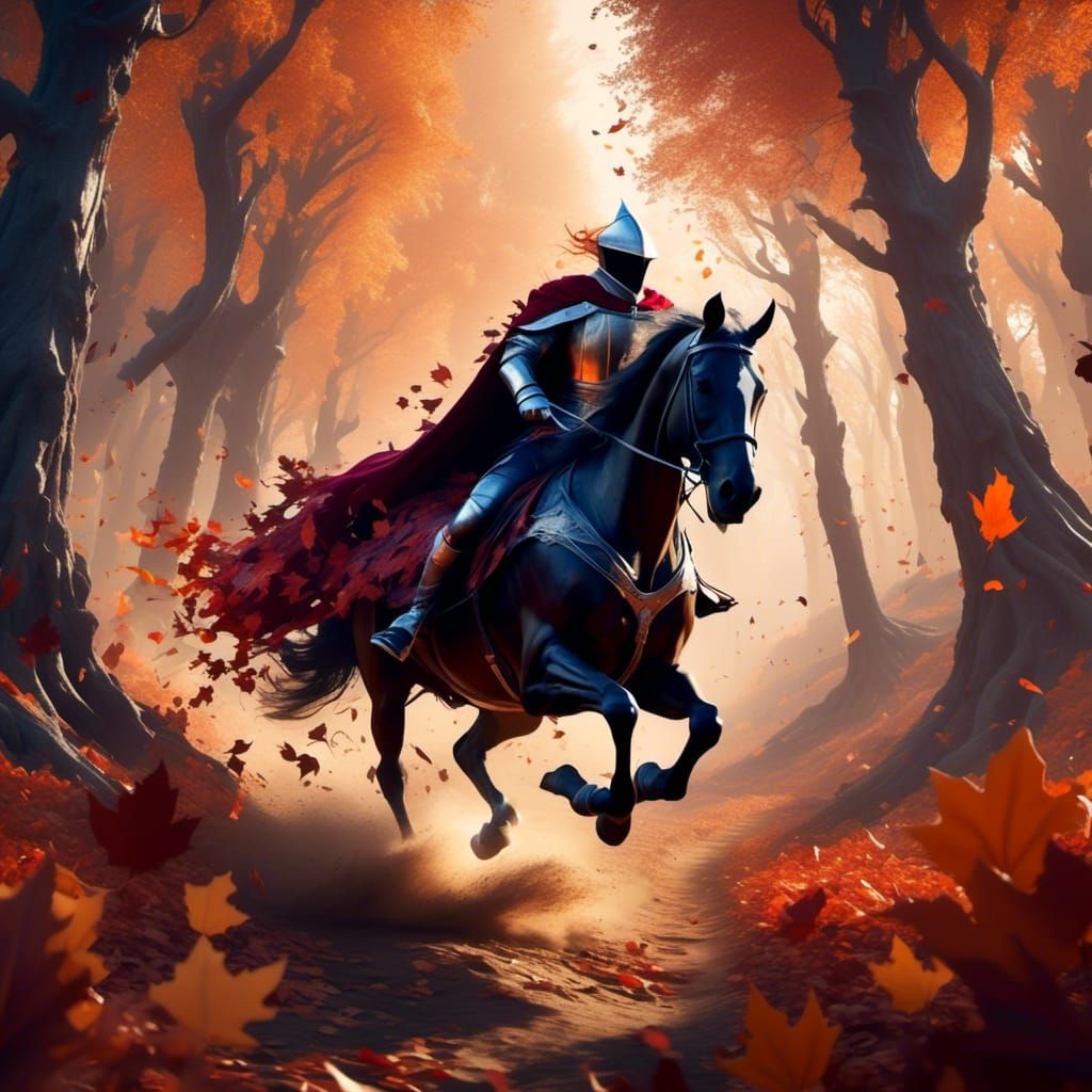  <lora:Transiosin:1.0> A knight running through a dense forest, chased by swirling autumn leaves
