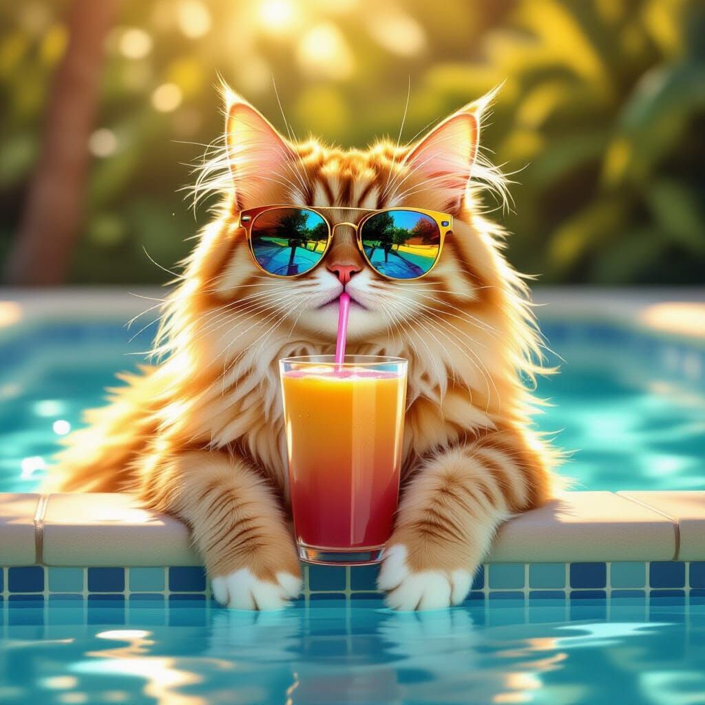 Fluffy Cat Lounges by Pool Sipping Smoothie