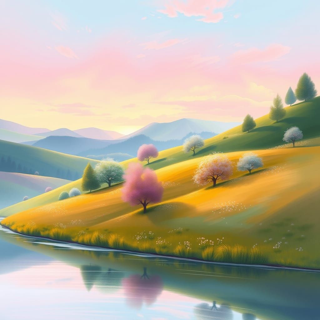 Dreamy Airbrush Landscape with Rolling Hills