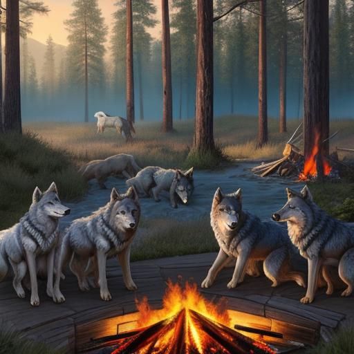 A wolf pack, chilling around a fire
