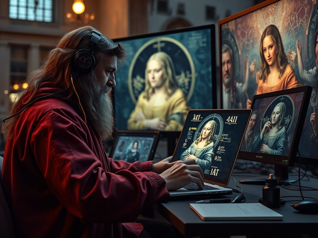 Leonardo da Vinci creating design at office  by @Romanova Oksana