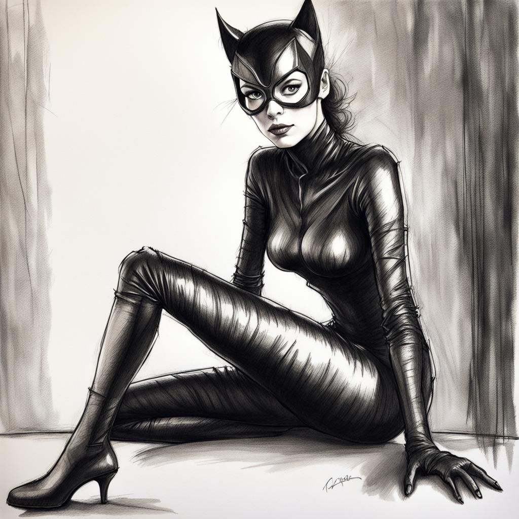 Black and white full body portrait of Tim Burton style catwoman ink drawing charcoal drawing pencil ...  by @tremmerz