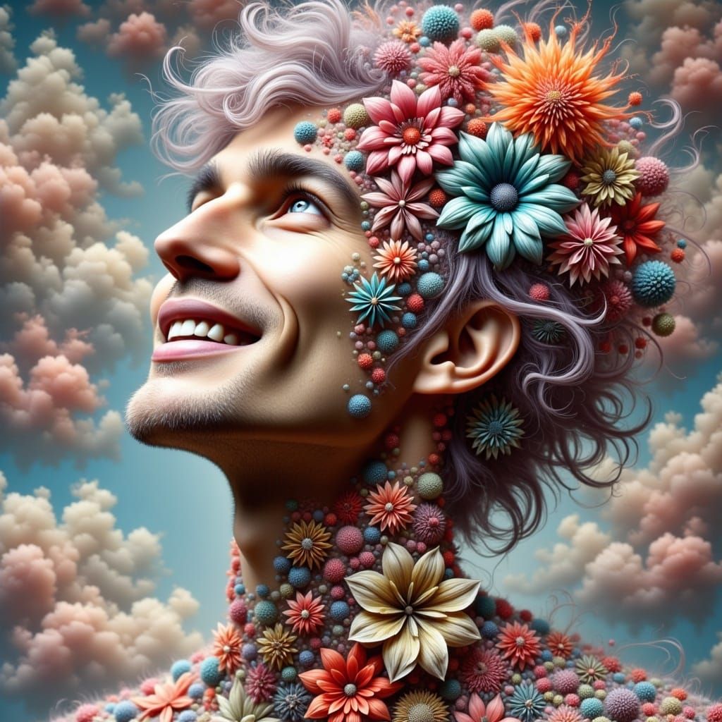 <lora:WonderPortrait:1.0>Handsome man with mixed media flowers and a big, ethereal, surreal smile. 