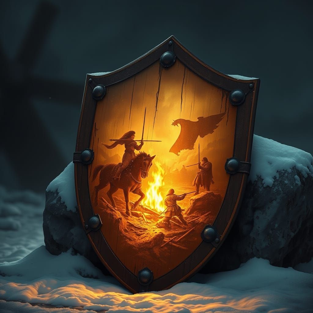 close-up at night by the light of a fire a shield stands leaning on a stone half-covered with snow. The shield reflects a picture of an anci...